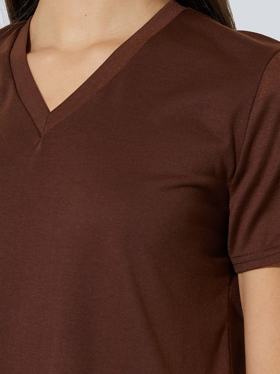 Brown Plain V Neck Regular Fit T-Shirt