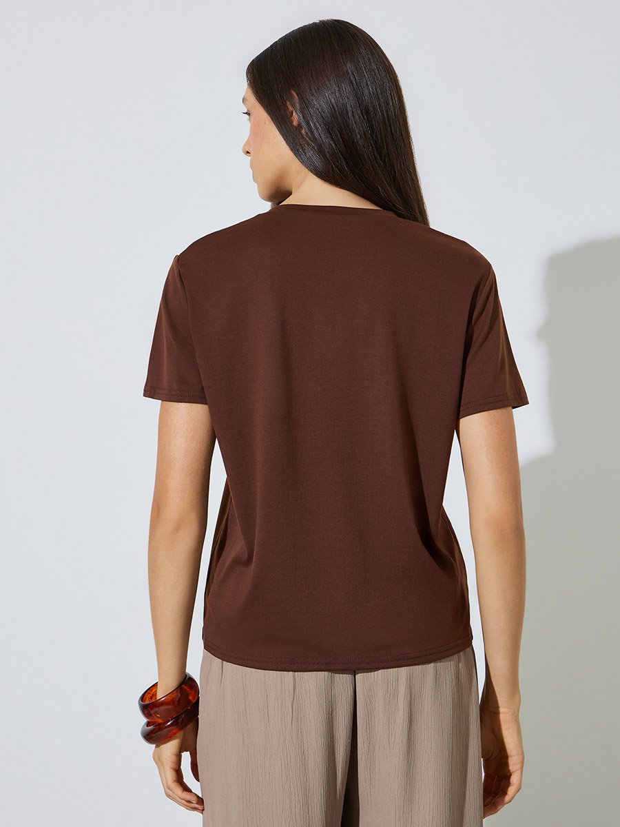 Brown Plain V Neck Regular Fit T-Shirt