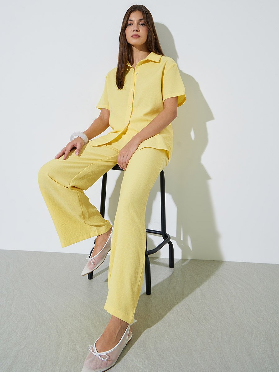 Yellow Linen-Look Shirt and Wide Leg Pants Co-Ord Set