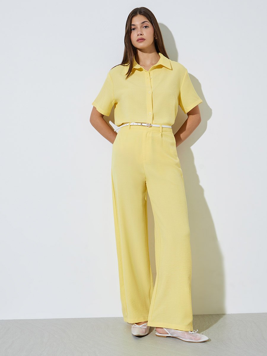 Yellow Linen-Look Shirt and Wide Leg Pants Co-Ord Set