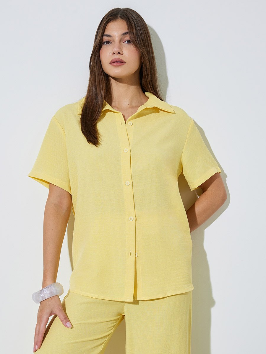 Yellow Linen-Look Shirt and Wide Leg Pants Co-Ord Set