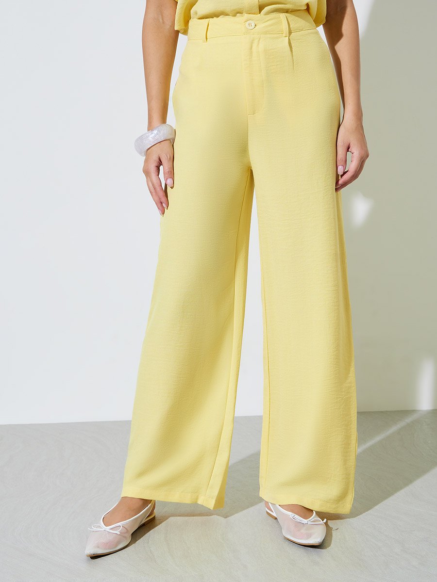 Yellow Linen-Look Shirt and Wide Leg Pants Co-Ord Set