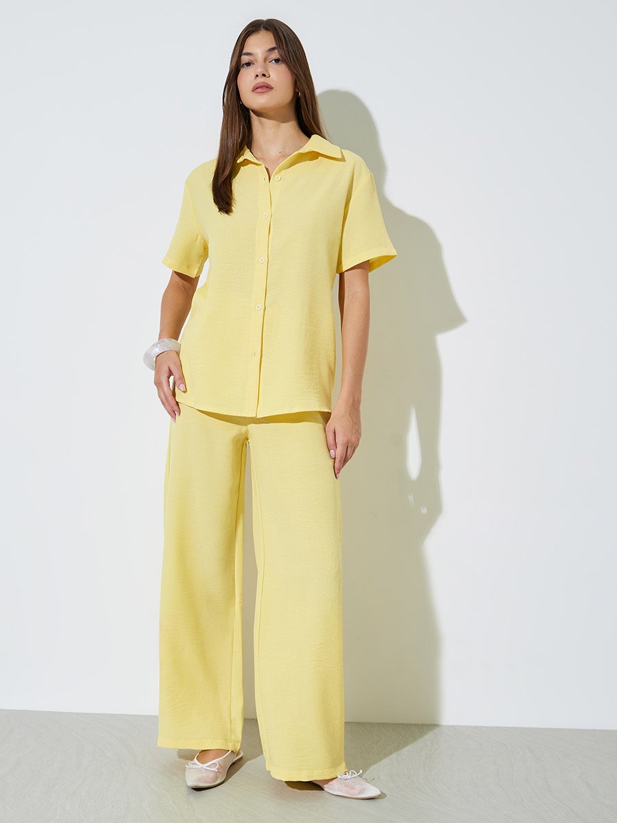 Yellow Linen-Look Shirt and Wide Leg Pants Co-Ord Set