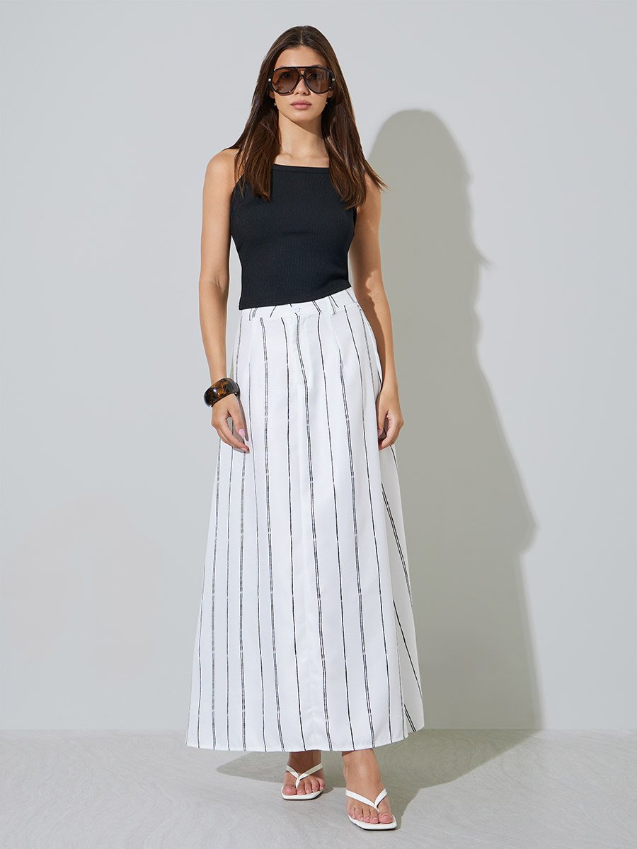 White A-Line Maxi Skirt with Pinstripes
