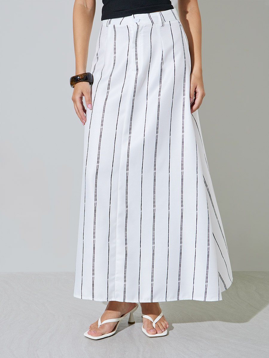 White A-Line Maxi Skirt with Pinstripes