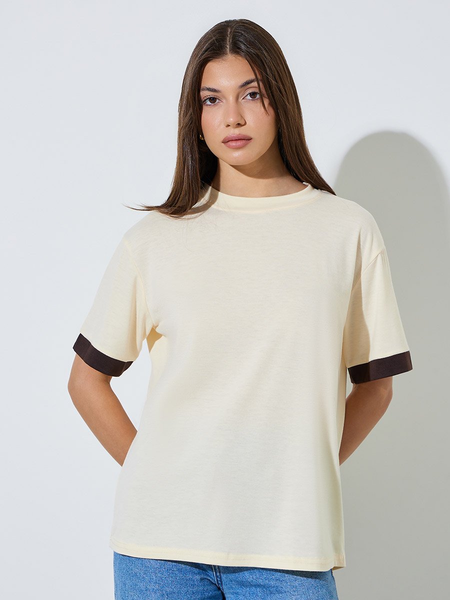 Beige Relaxed Fit Crew Neck T-Shirt