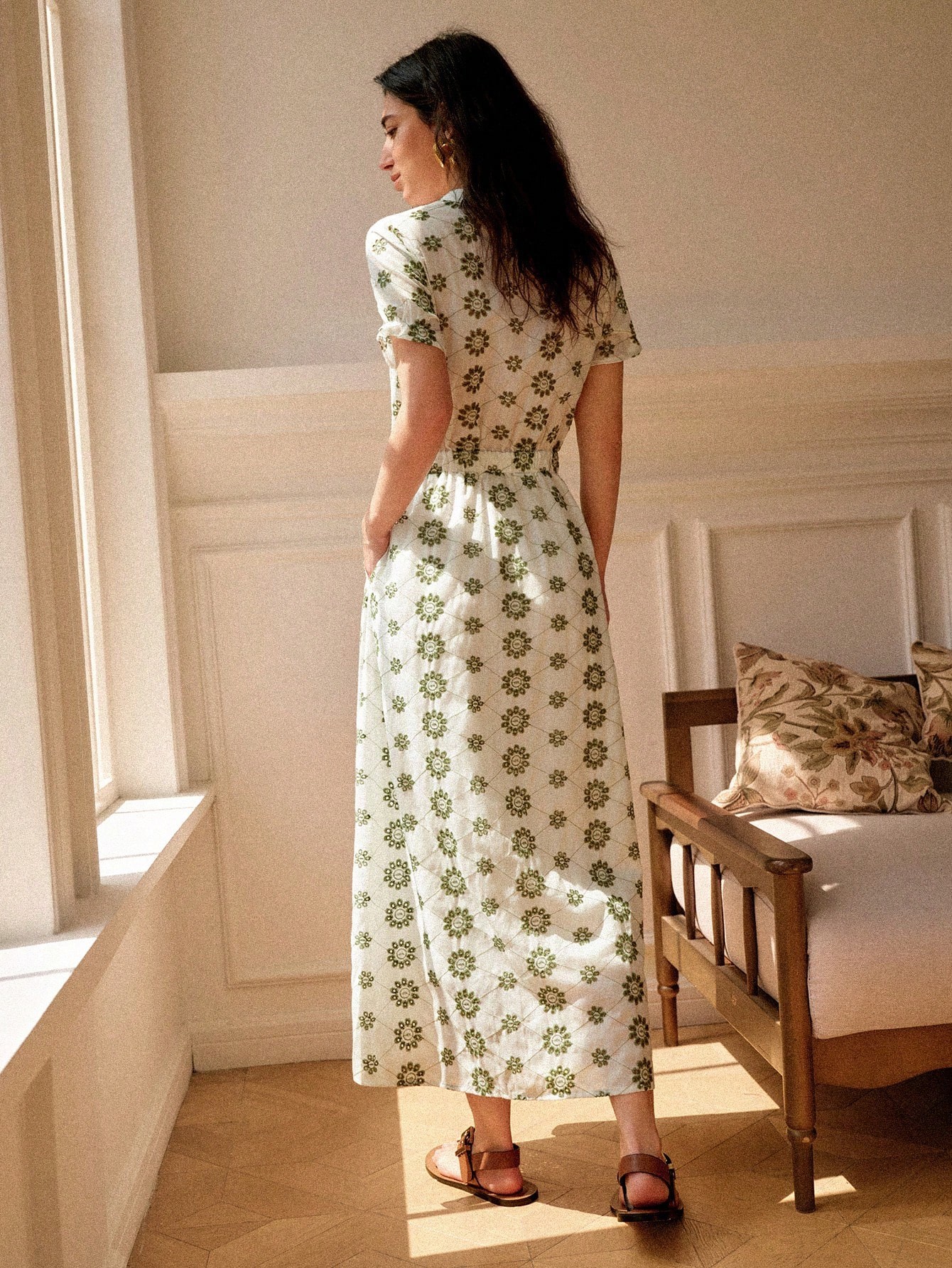 Multi-Print A-Line Maxi Dress with Short Sleeves
