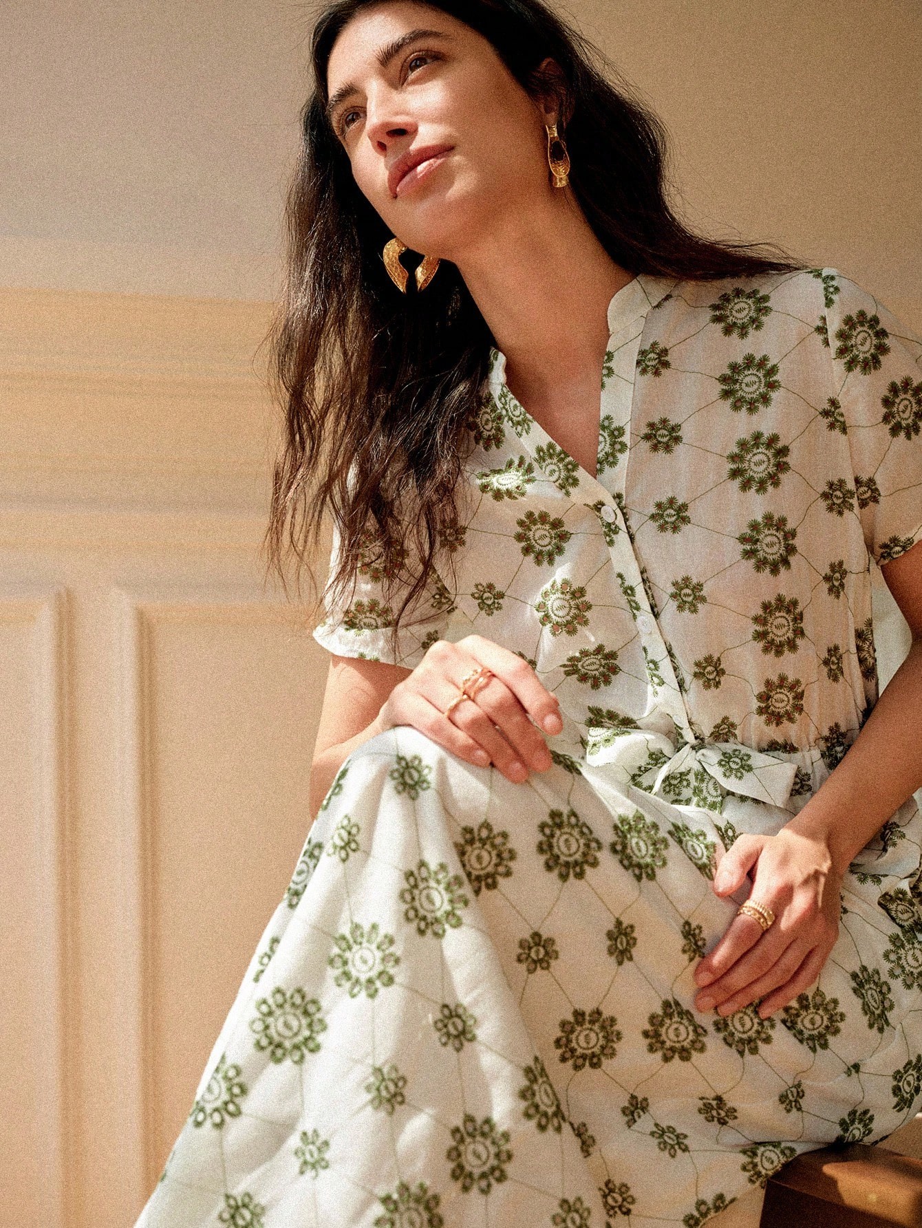 Multi-Print A-Line Maxi Dress with Short Sleeves