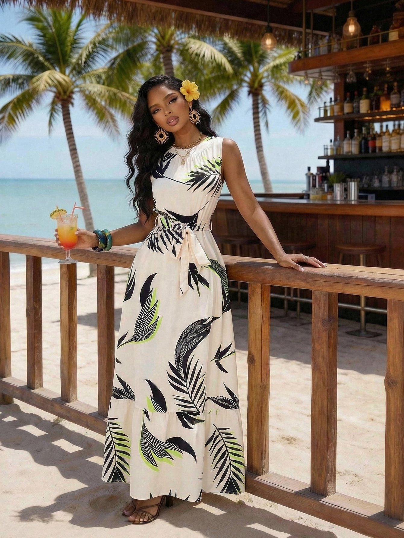 Womens Multi-Color Graphic Print Sleeveless Maxi A-Line Dress