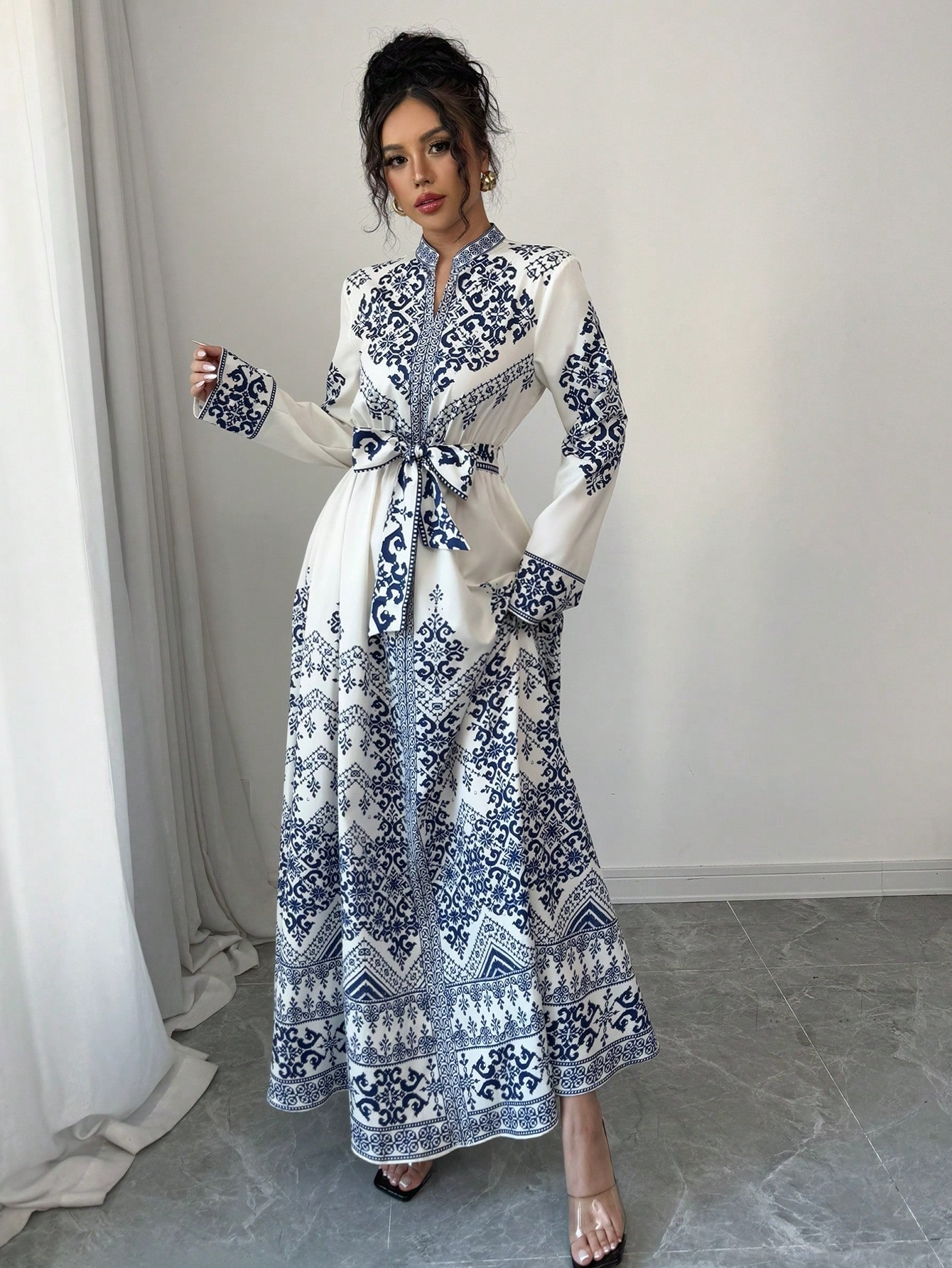 Blue Graphic Maxi A-Line Dress with Long Sleeves
