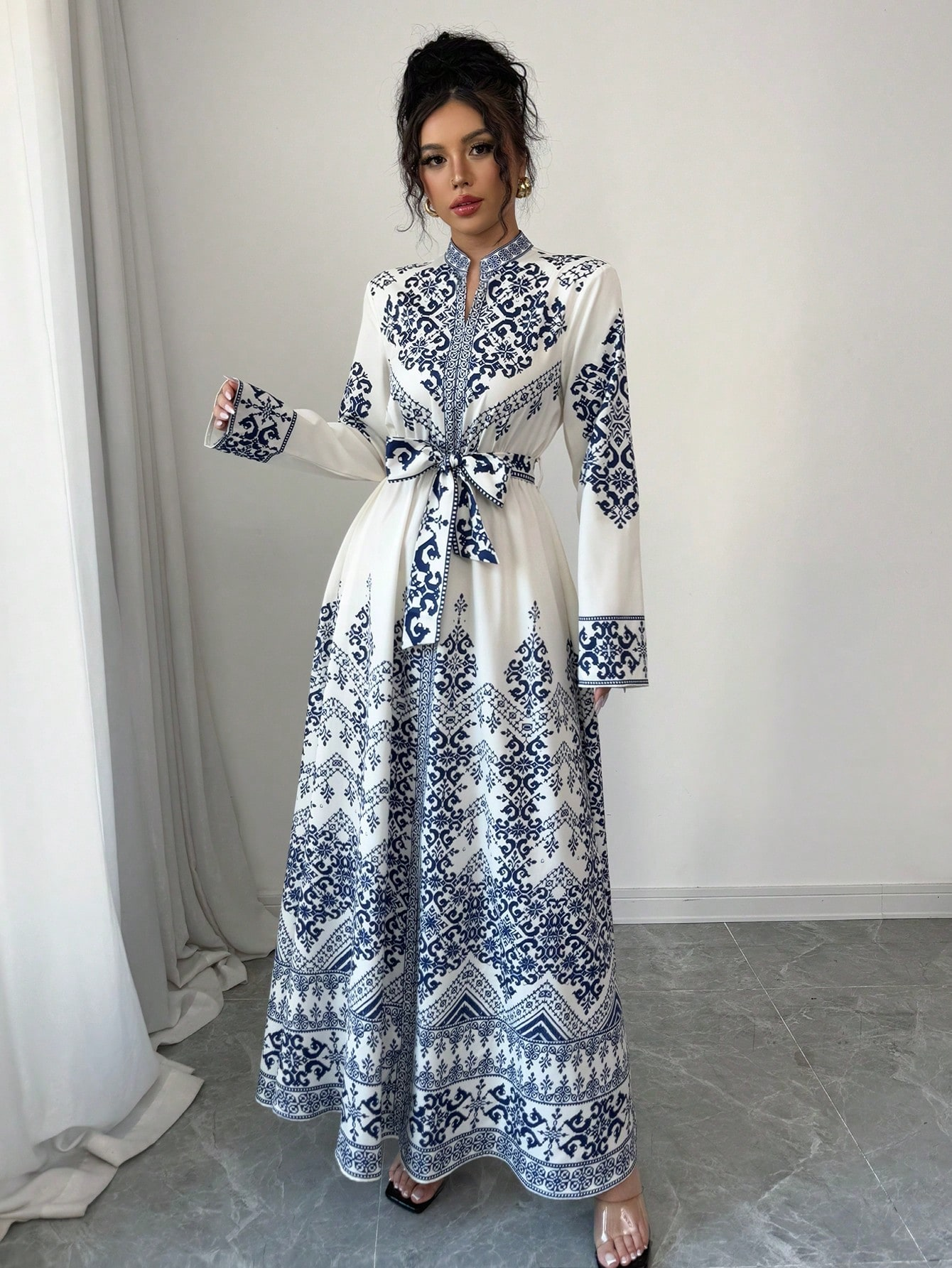 Blue Graphic Maxi A-Line Dress with Long Sleeves