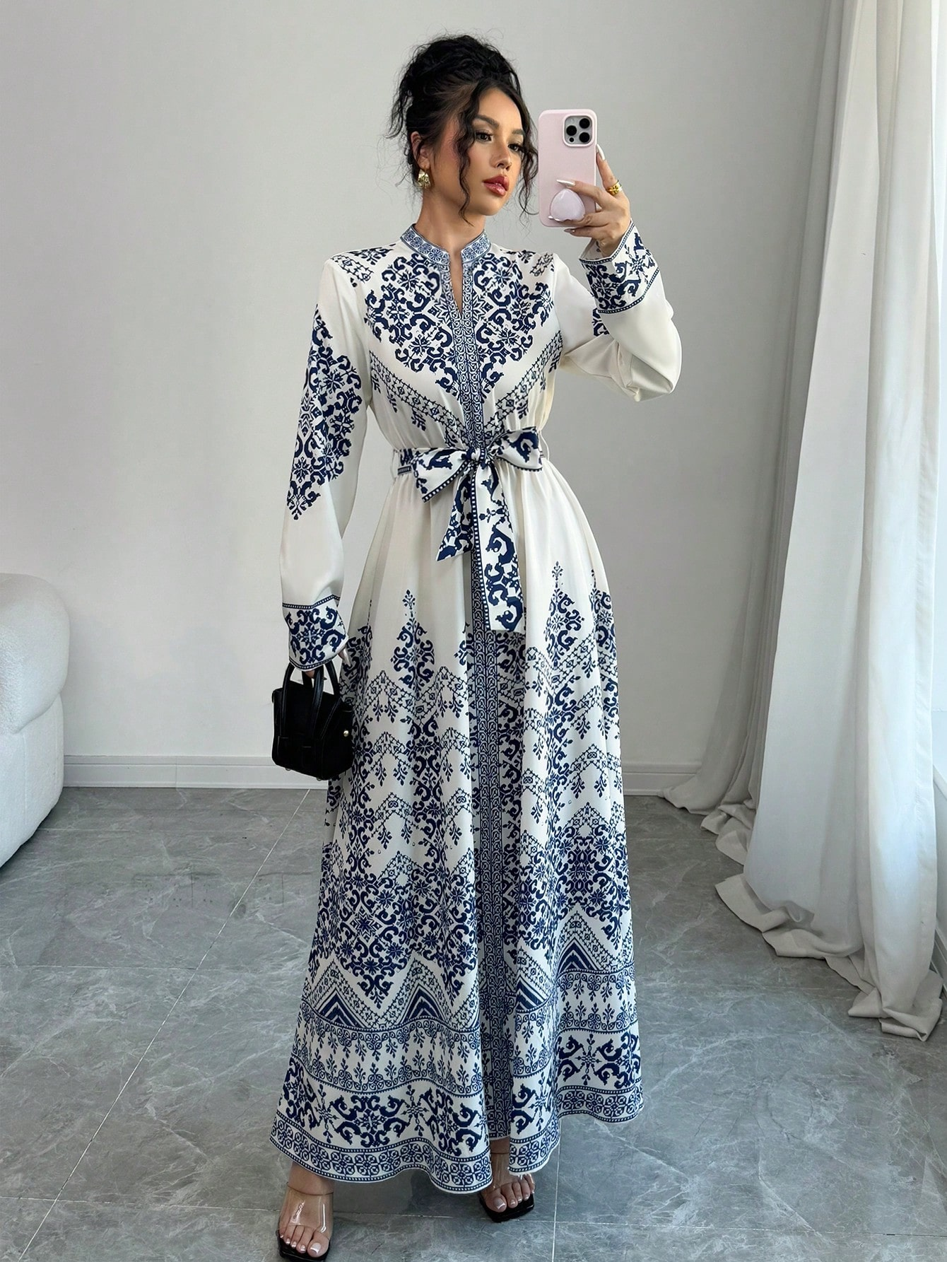 Blue Graphic Maxi A-Line Dress with Long Sleeves