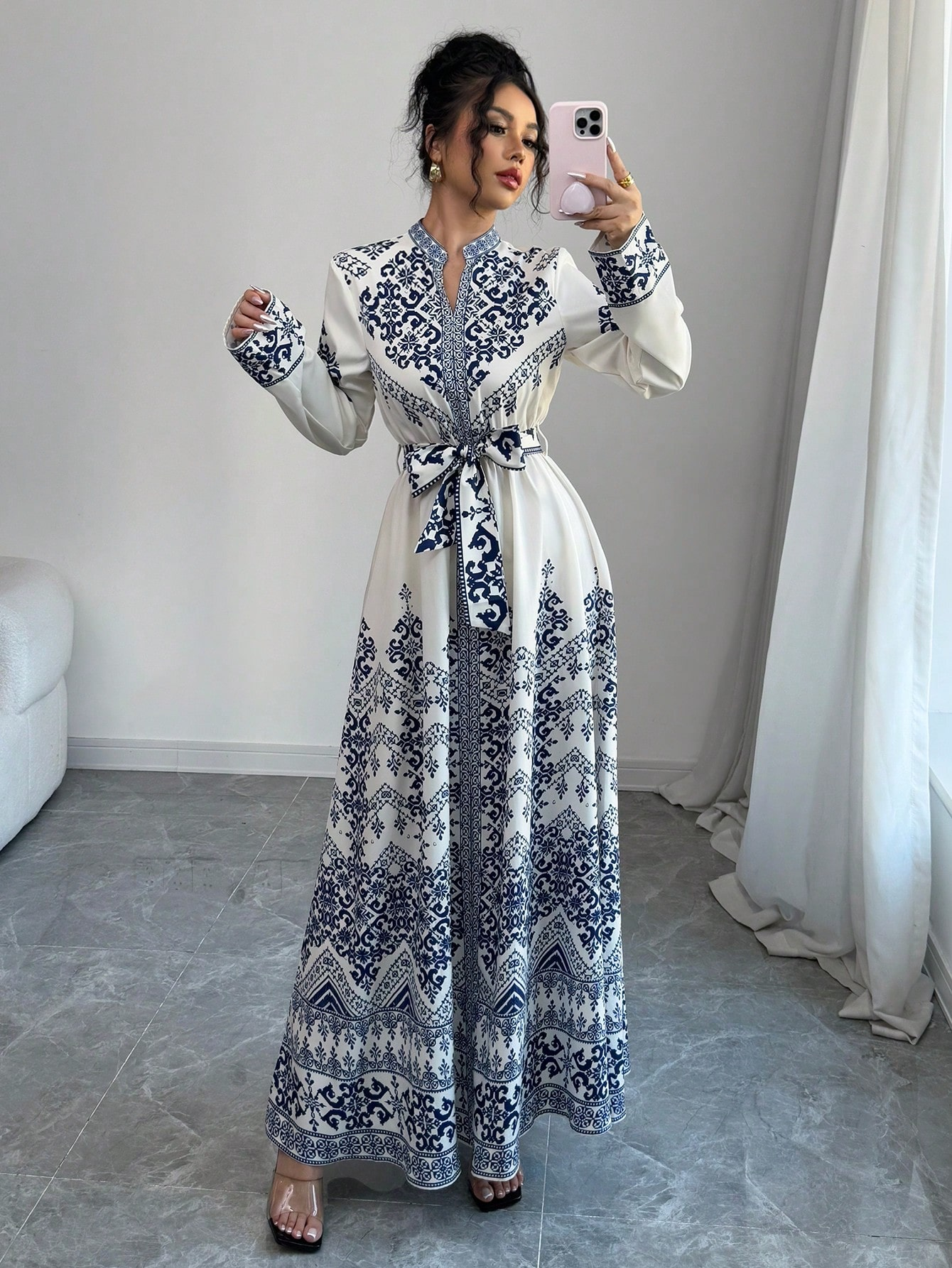 Blue Graphic Maxi A-Line Dress with Long Sleeves