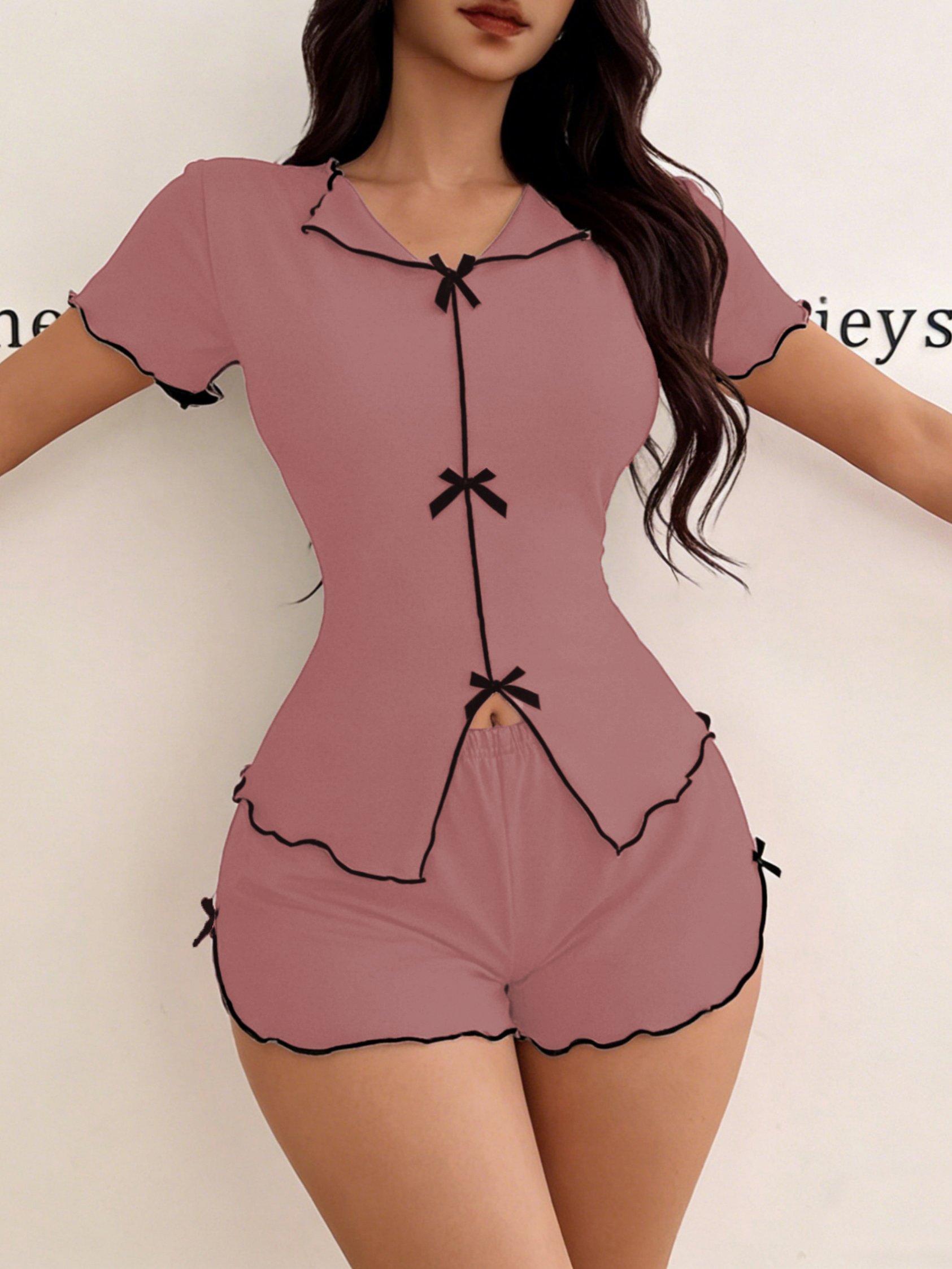 Dusty Rose V-Neck Short Sleeve Pajama Set with Bow Detail