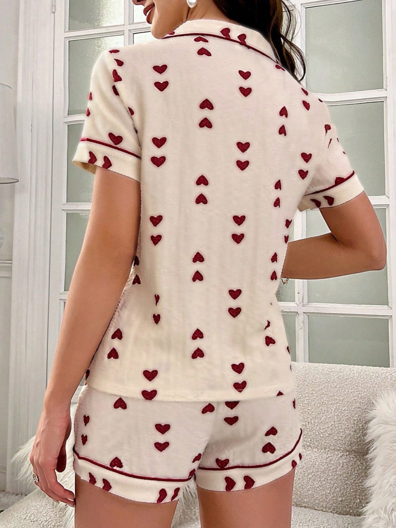 Heart Print Short Sleeve Shirt and Shorts Set