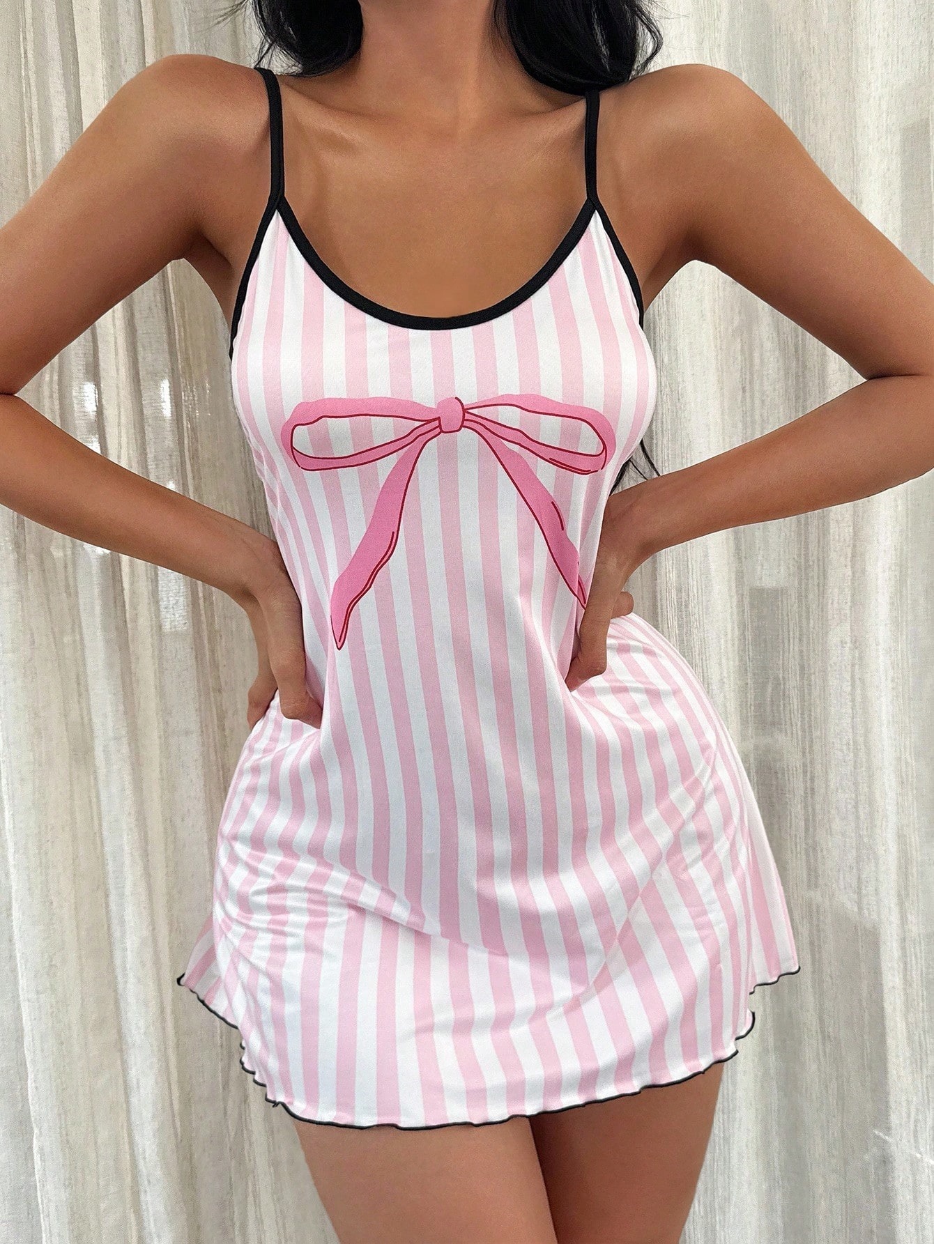 Pink Striped Bow Detail Sleeveless Slip Nightdress