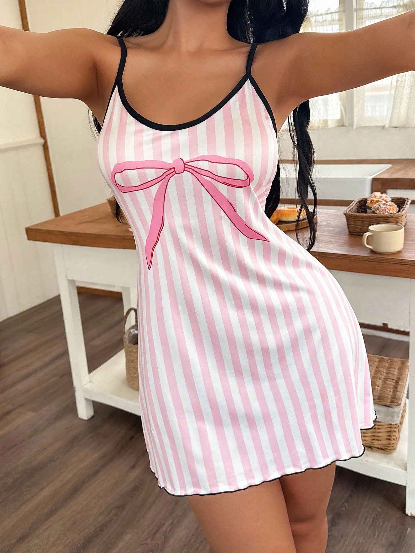 Pink Striped Bow Detail Sleeveless Slip Nightdress