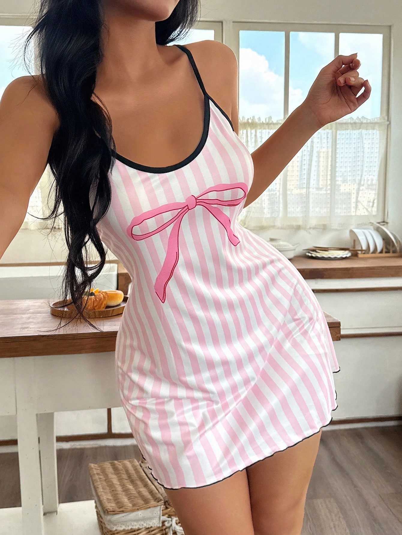Pink Striped Bow Detail Sleeveless Slip Nightdress