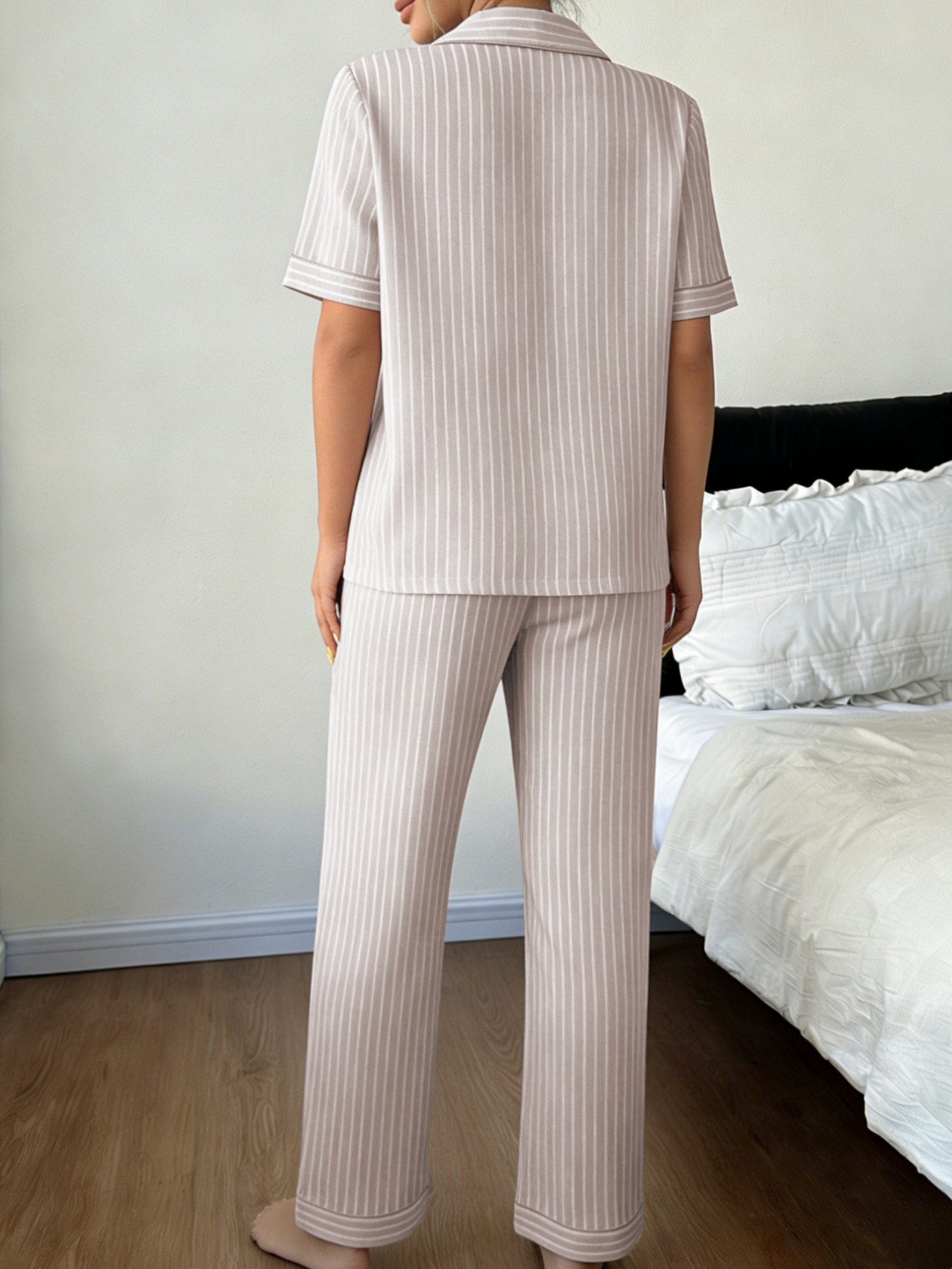Striped Polyester Pajama Set with Short Sleeve Shirt and Trousers