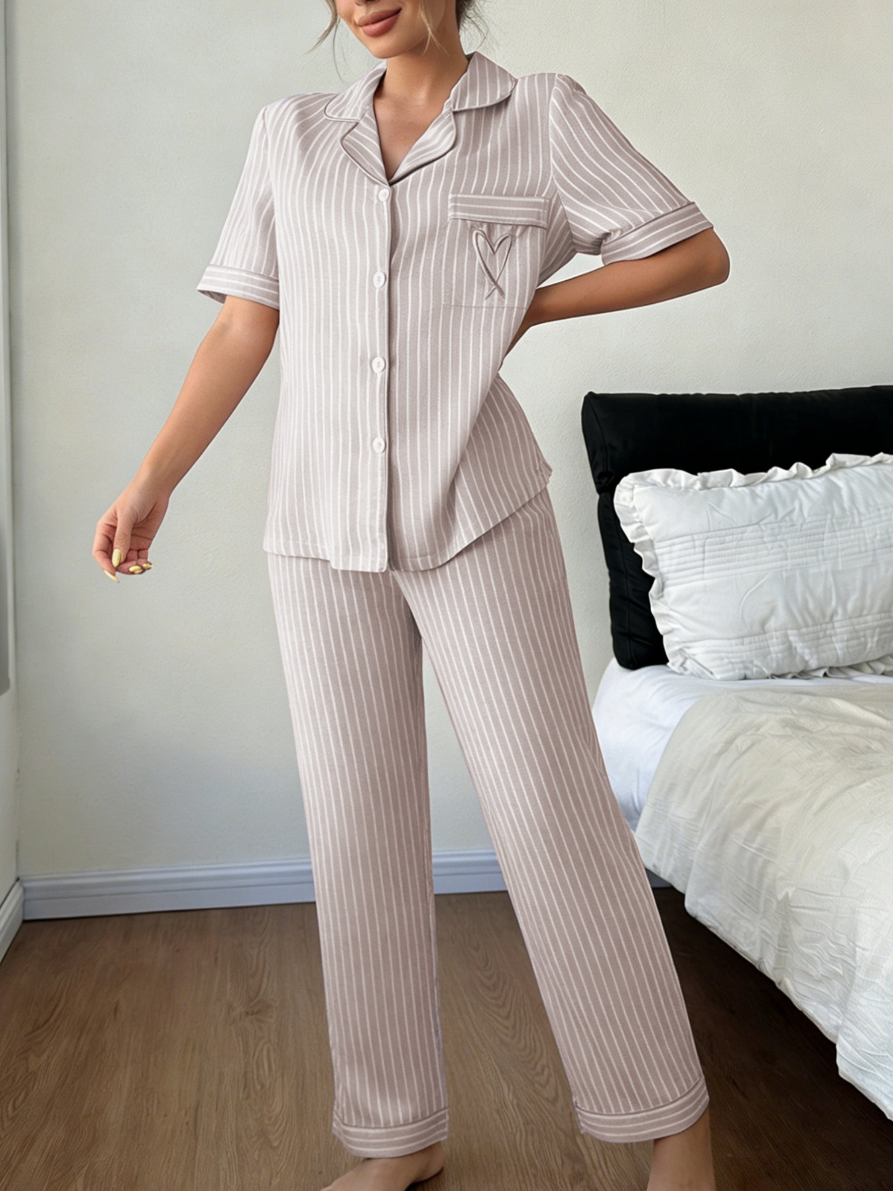 Striped Polyester Pajama Set with Short Sleeve Shirt and Trousers