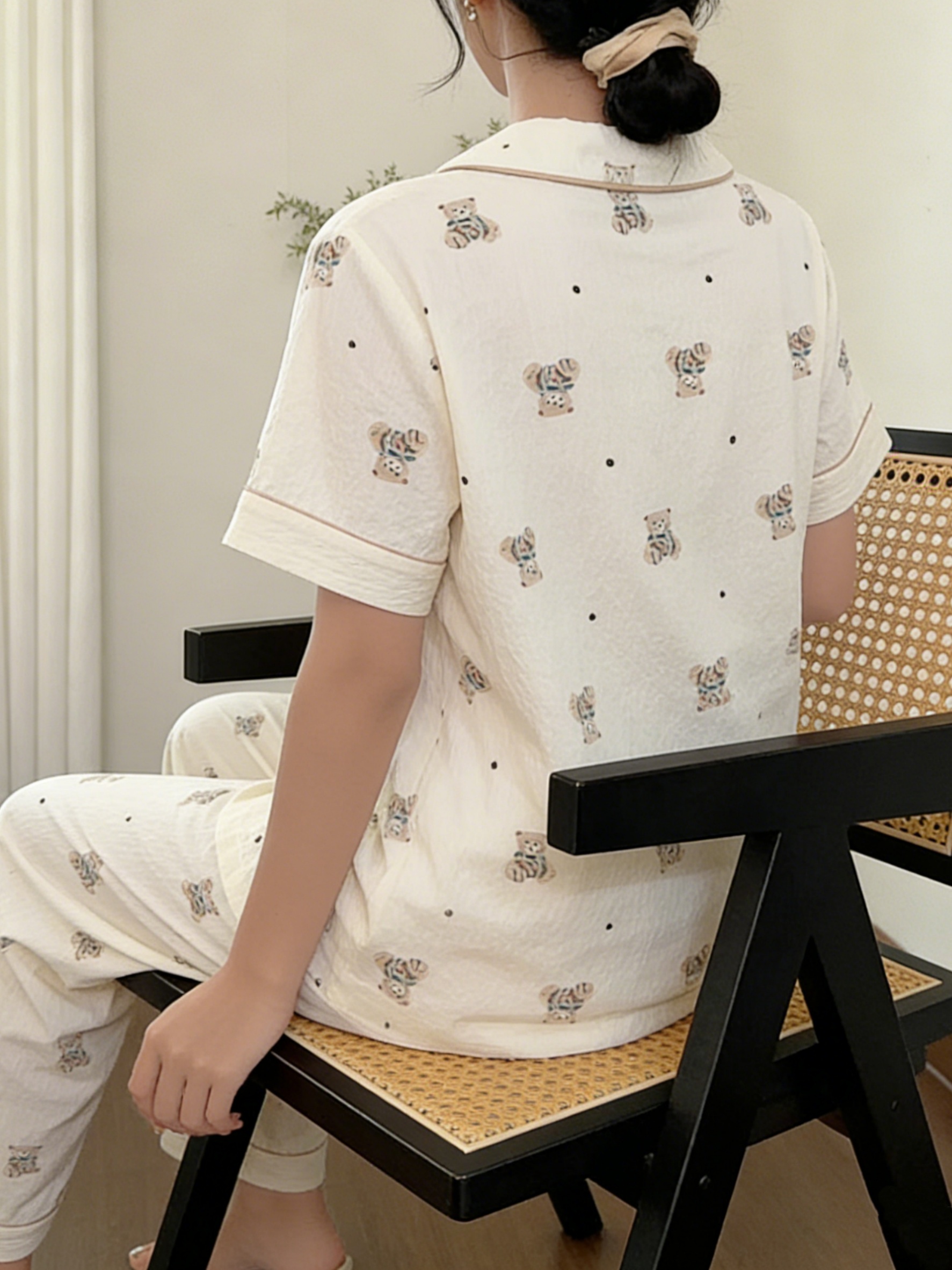 Cream Teddy Bear Print Short Sleeve Pajama Set