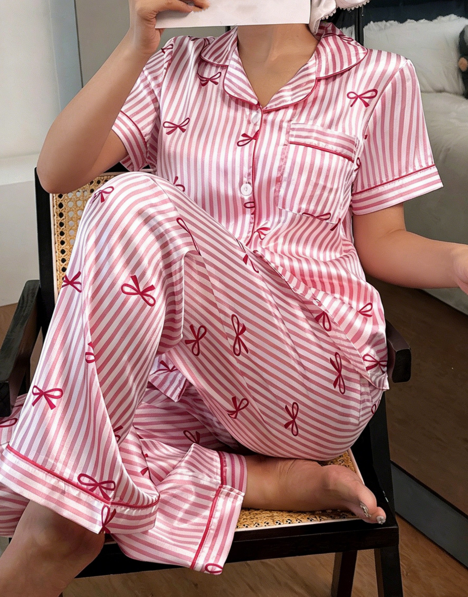 Striped Bow Print Satin Shirt and Pyjama Set