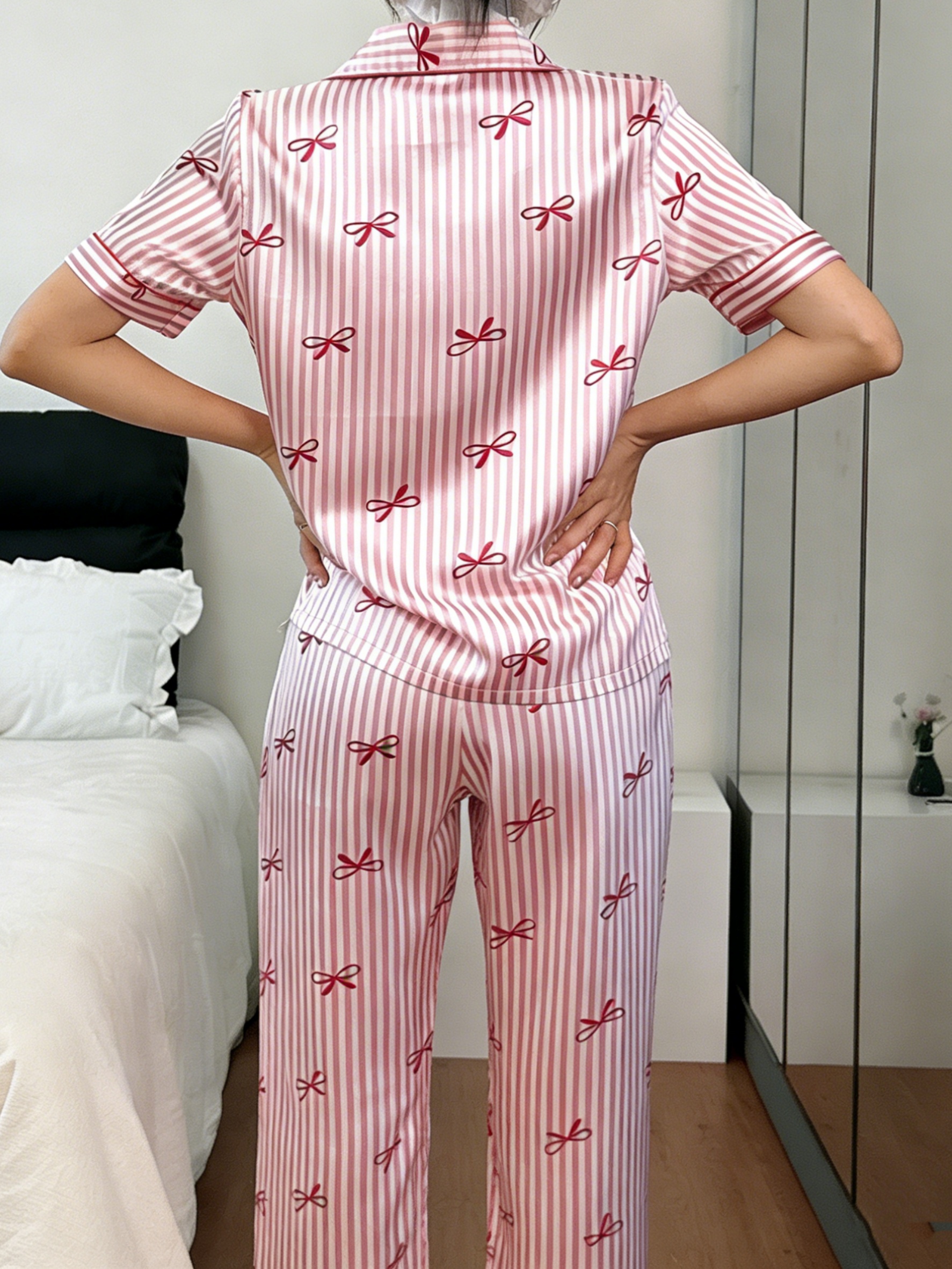 Striped Bow Print Satin Shirt and Pyjama Set