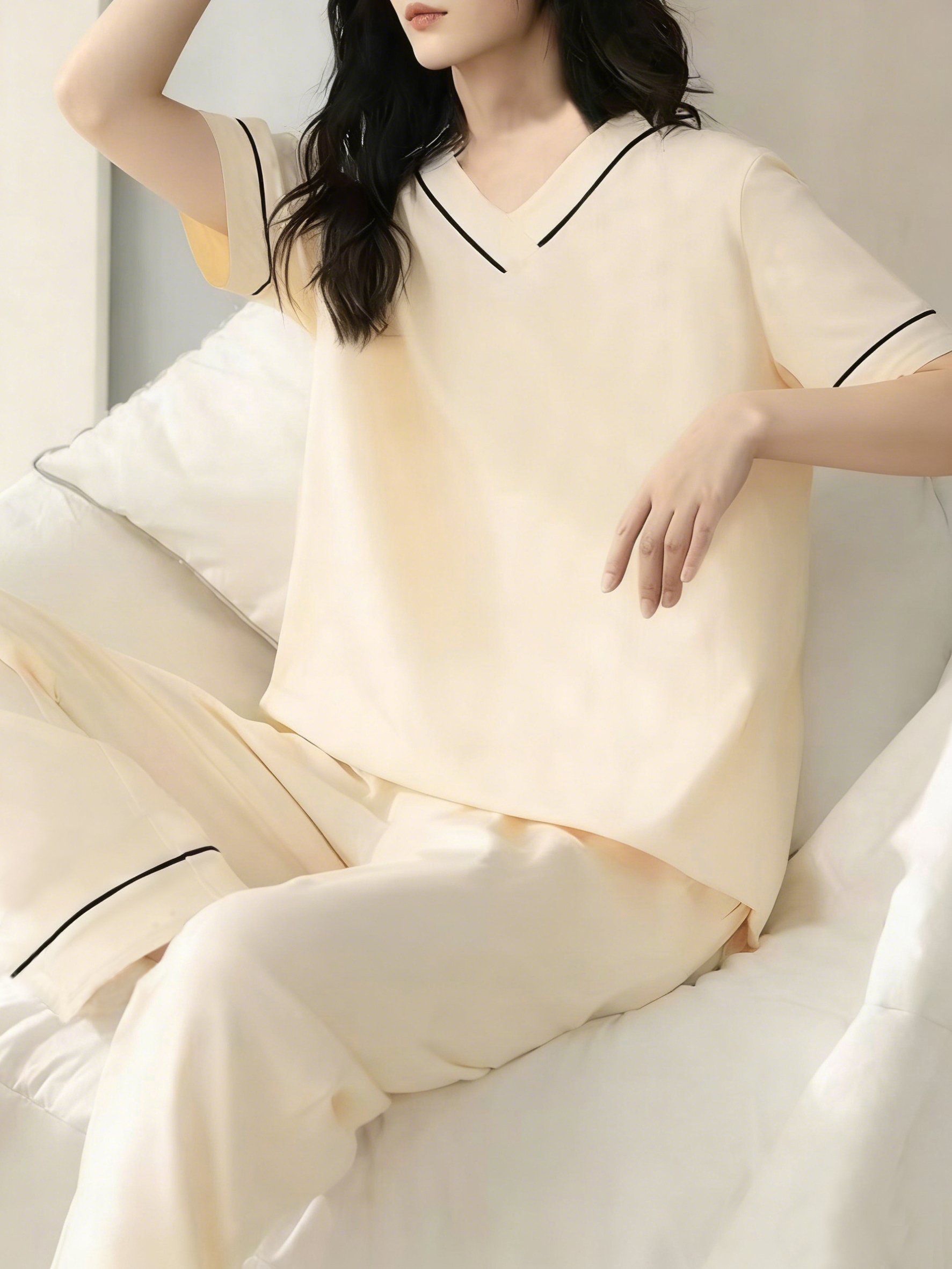 Cream Knitted V-Neck Short Sleeve Pajama Set