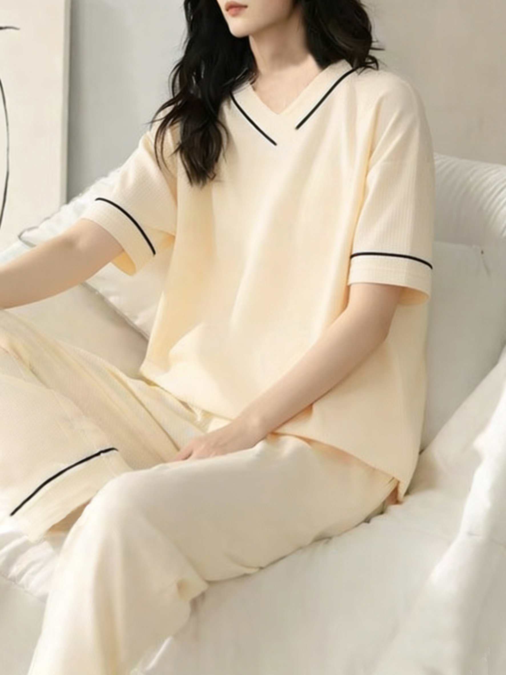 Cream Knitted V-Neck Short Sleeve Pajama Set