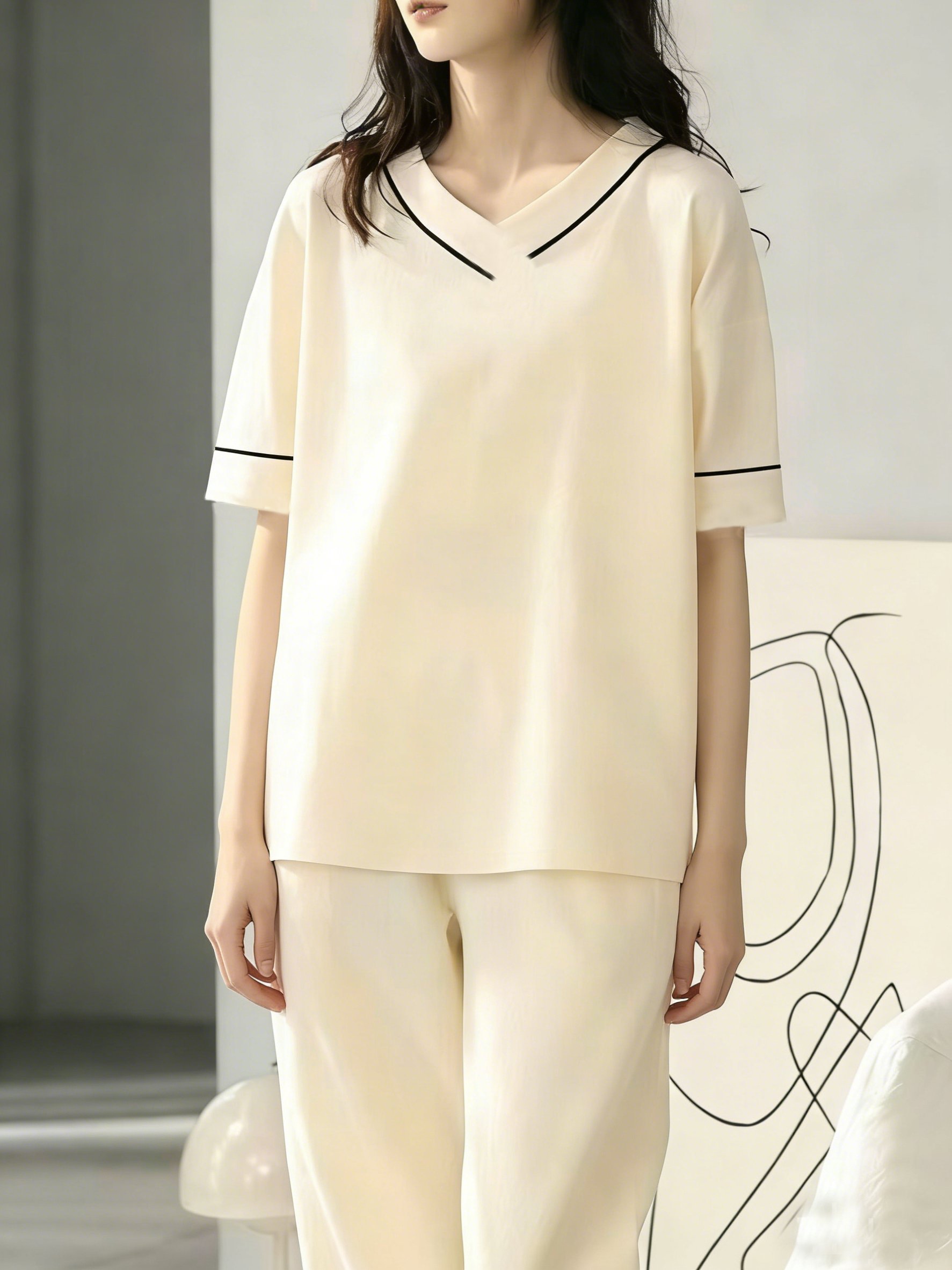 Cream Knitted V-Neck Short Sleeve Pajama Set