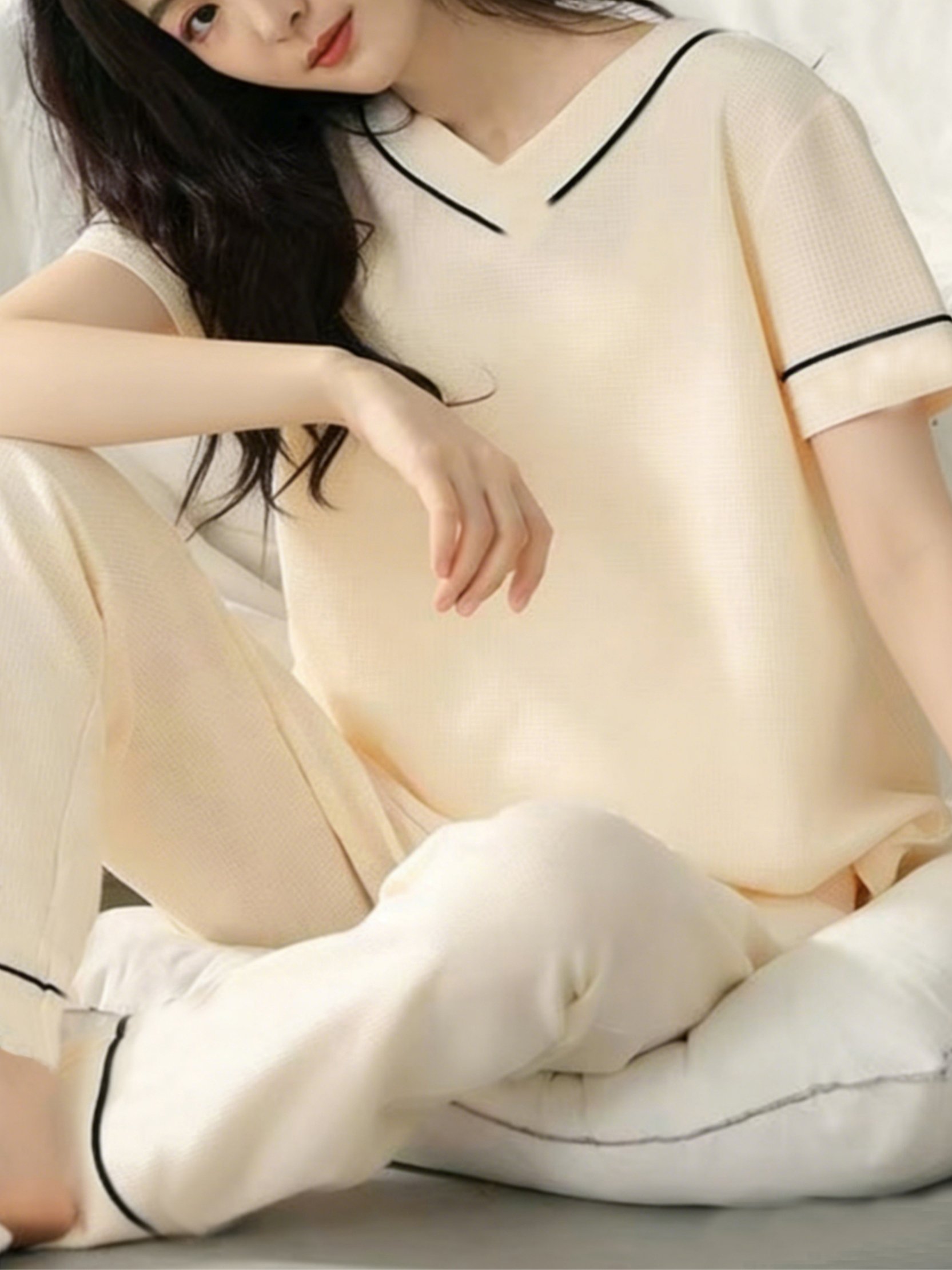 Cream Knitted V-Neck Short Sleeve Pajama Set