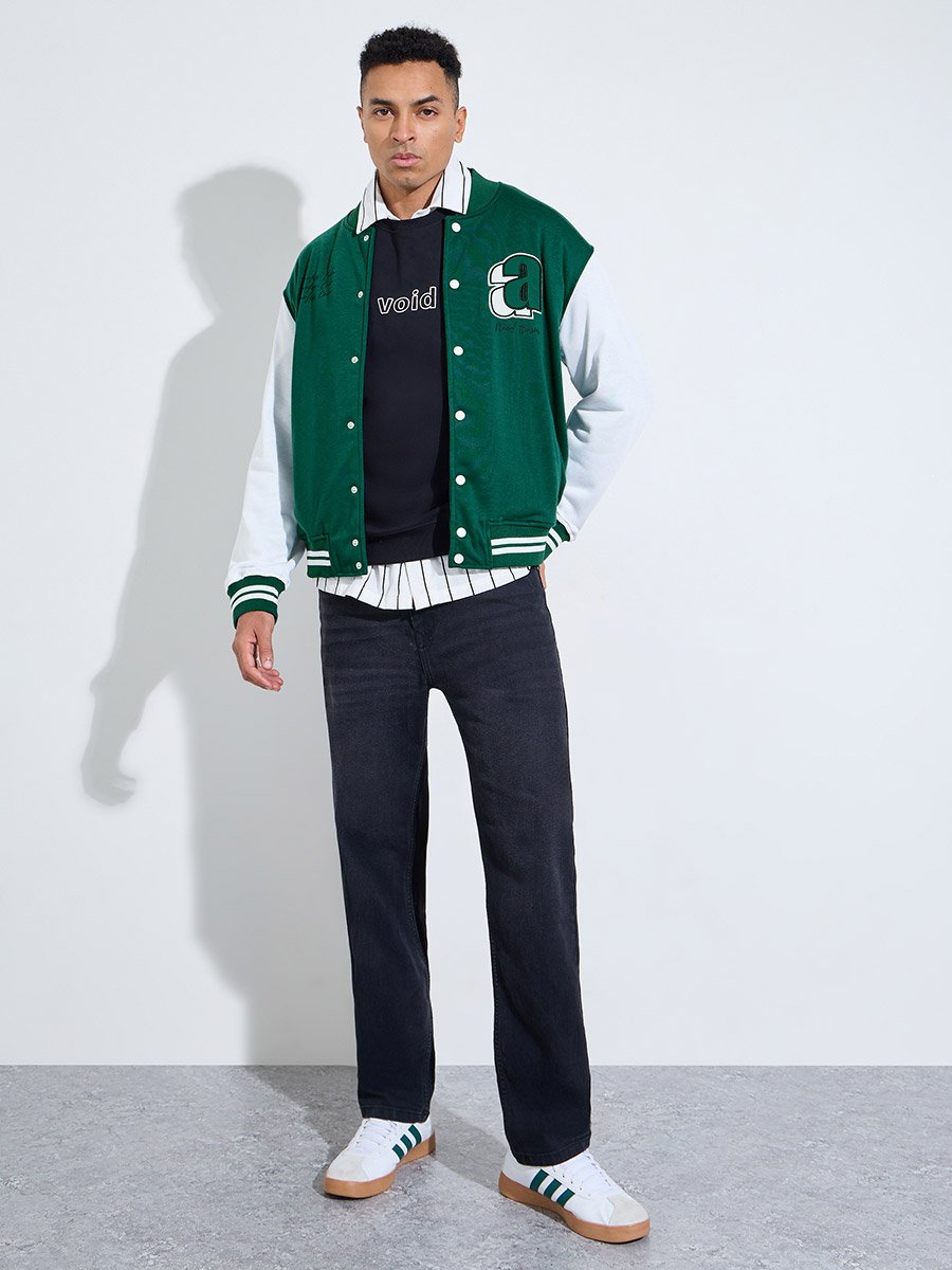 Dark Green Embroidered Contrast Sleeves Varsity Jacket