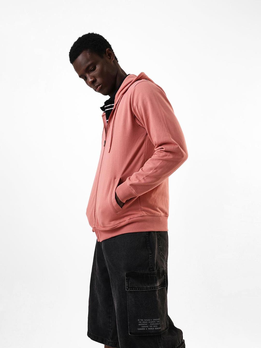 Men Pink Cotton Blend Regular Fit Hoodie