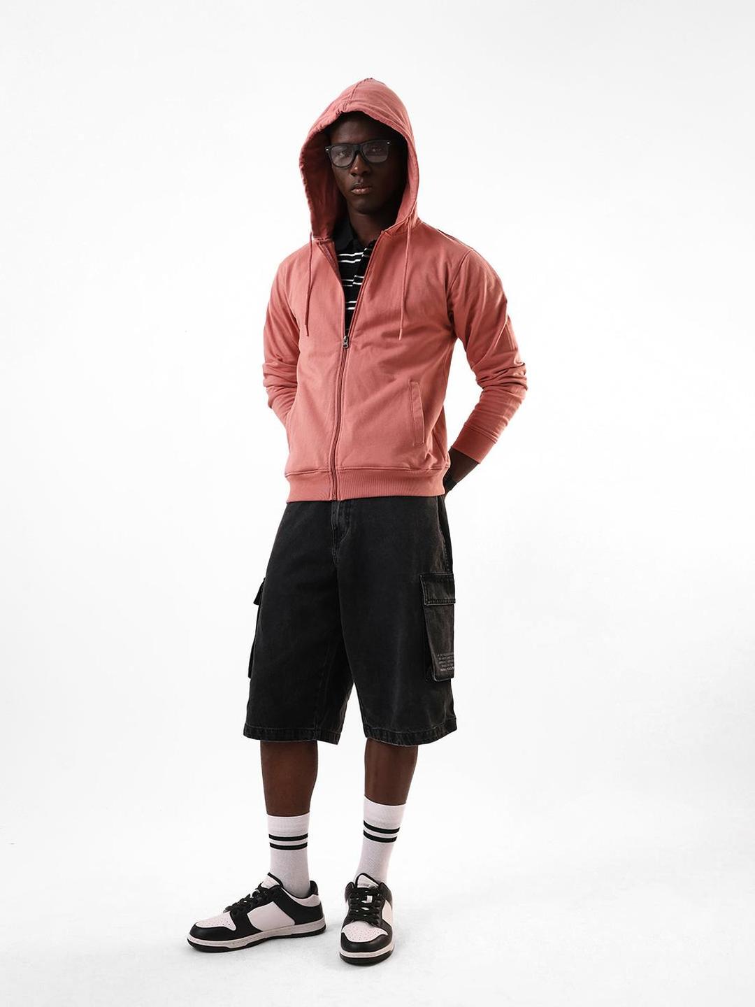 Men Pink Cotton Blend Regular Fit Hoodie
