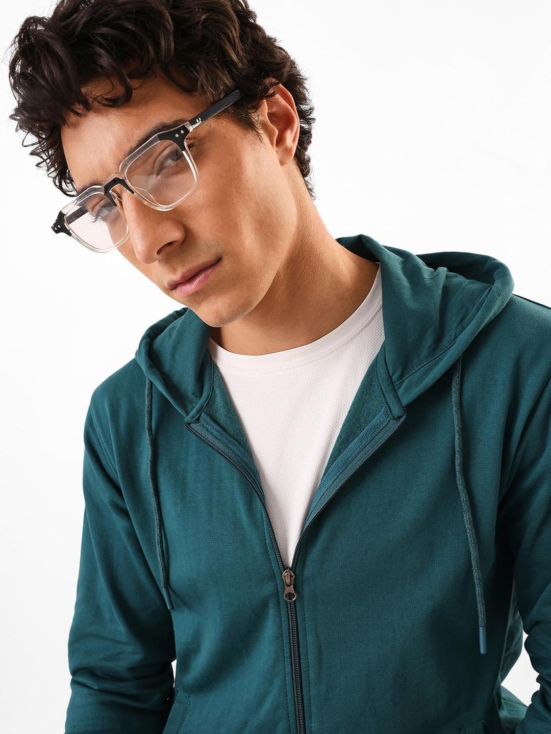 Men Teal Cotton Blend Regular Fit Hoodie