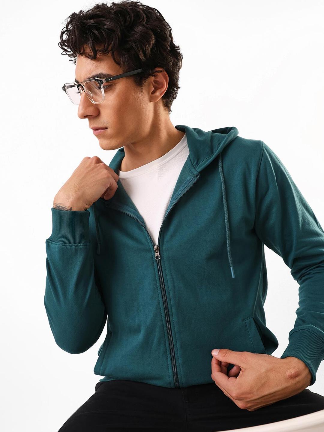 Men Teal Cotton Blend Regular Fit Hoodie