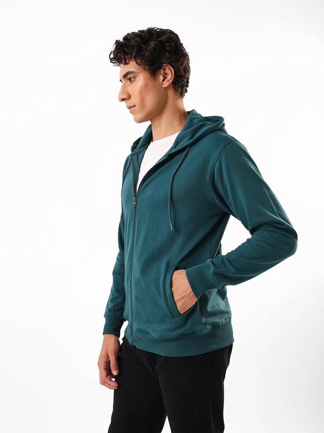 Men Teal Cotton Blend Regular Fit Hoodie