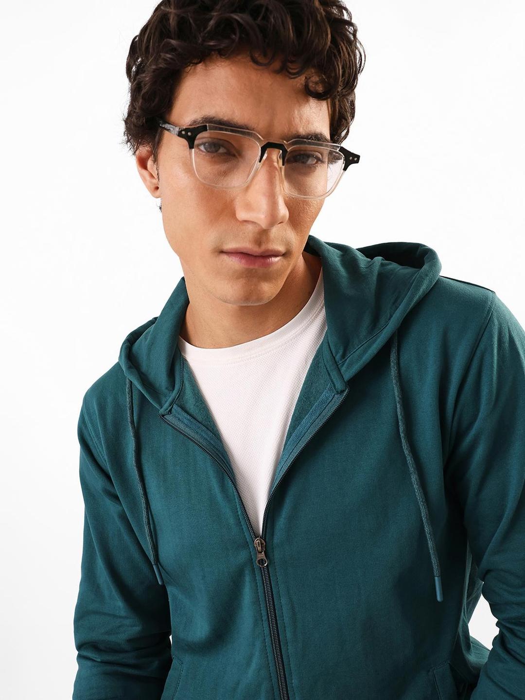 Men Teal Cotton Blend Regular Fit Hoodie