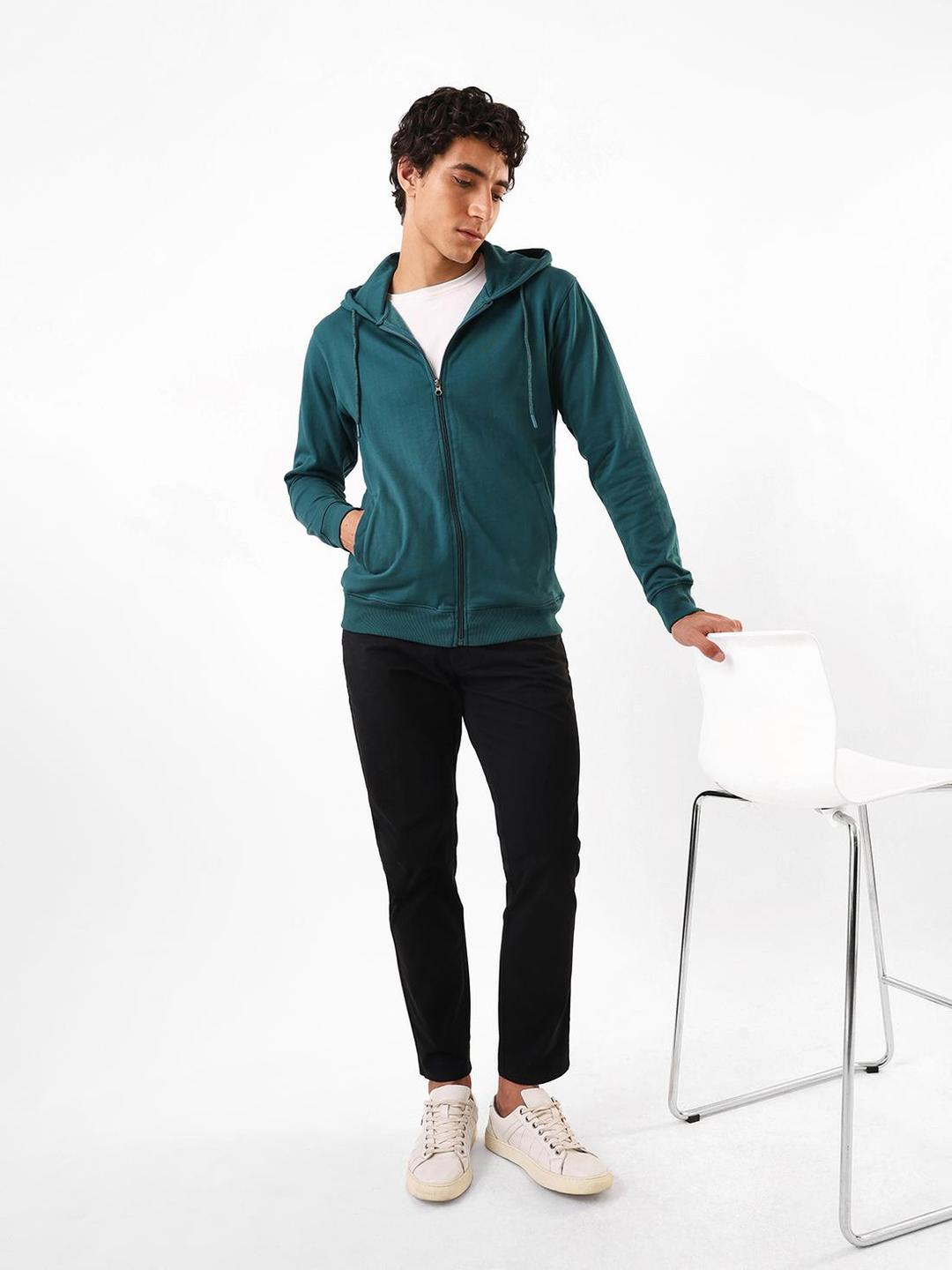 Men Teal Cotton Blend Regular Fit Hoodie