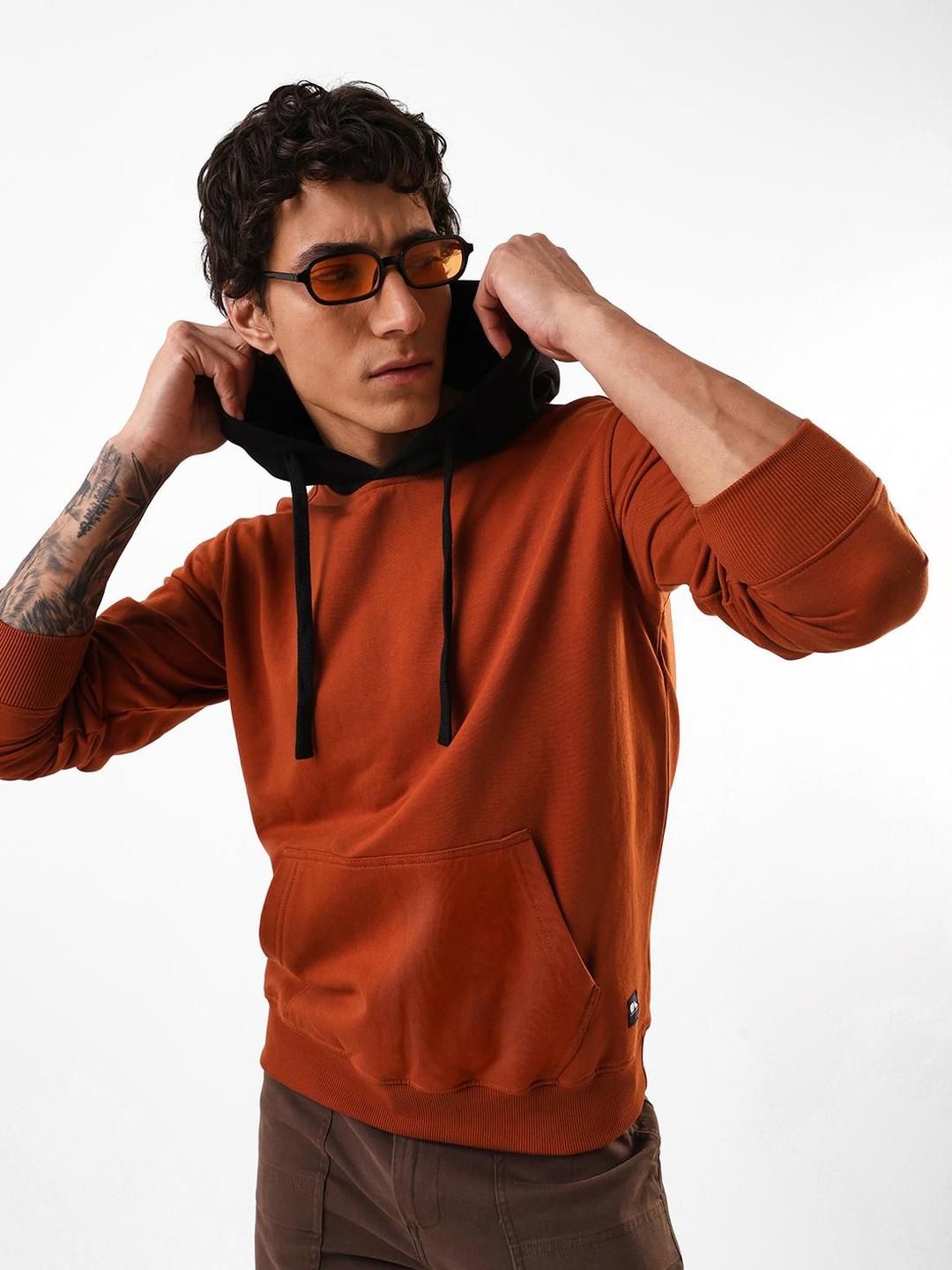 Men Rust Cotton Blend Regular Fit Hoodie