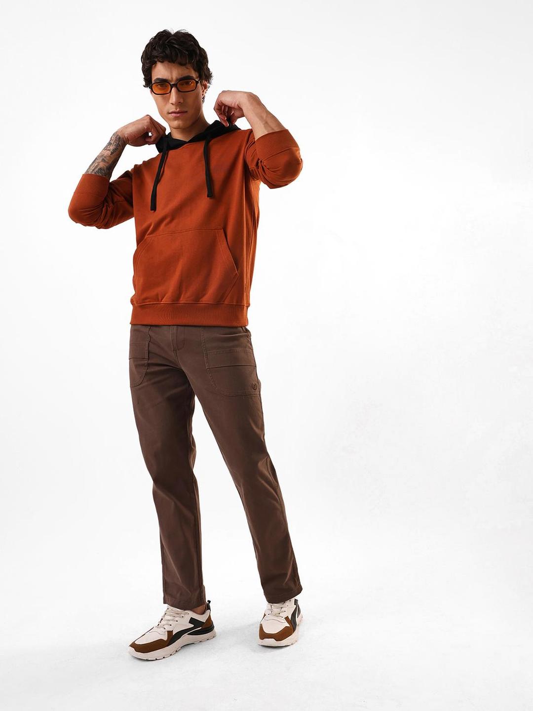 Men Rust Cotton Blend Regular Fit Hoodie