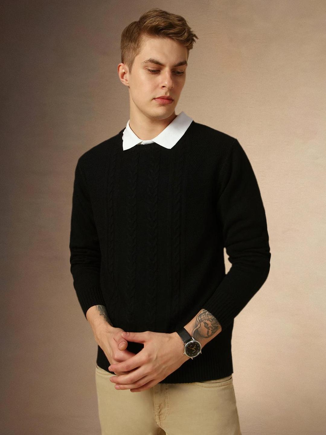 Men Black Acrylic Knitted Slim Sweater
