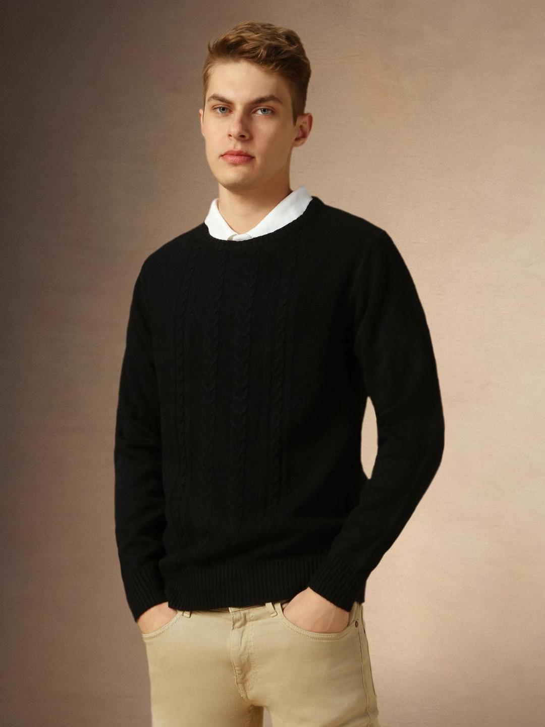 Men Black Acrylic Knitted Slim Sweater