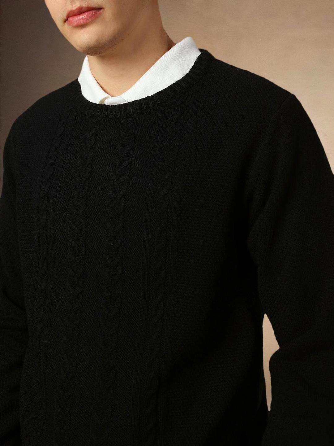 Men Black Acrylic Knitted Slim Sweater