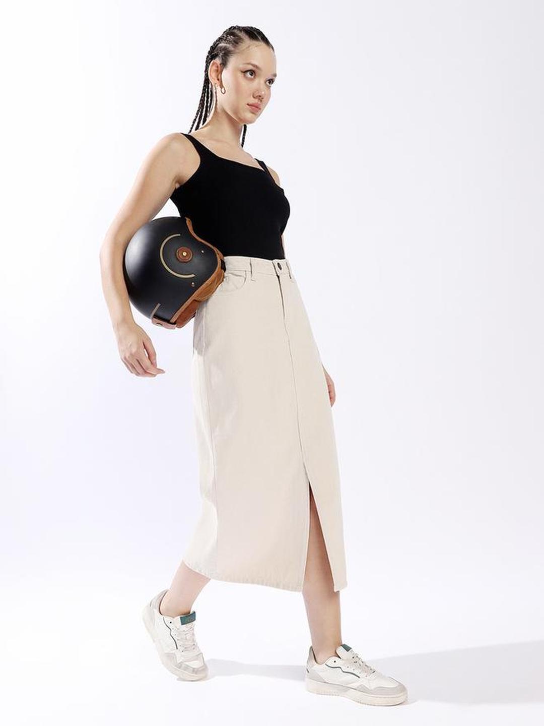 Cream High Rise Front Slit Denim Midi Skirt