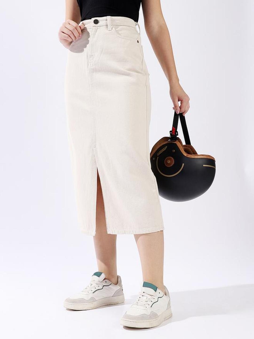 Cream High Rise Front Slit Denim Midi Skirt