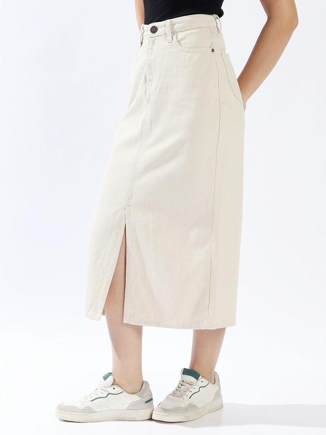 Cream High Rise Front Slit Denim Midi Skirt