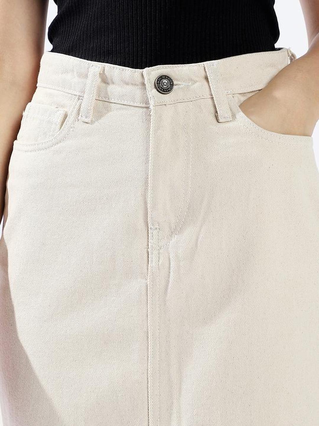 Cream High Rise Front Slit Denim Midi Skirt