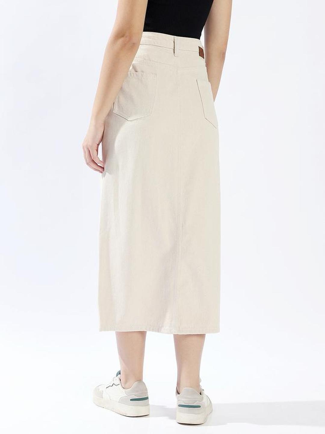 Cream High Rise Front Slit Denim Midi Skirt