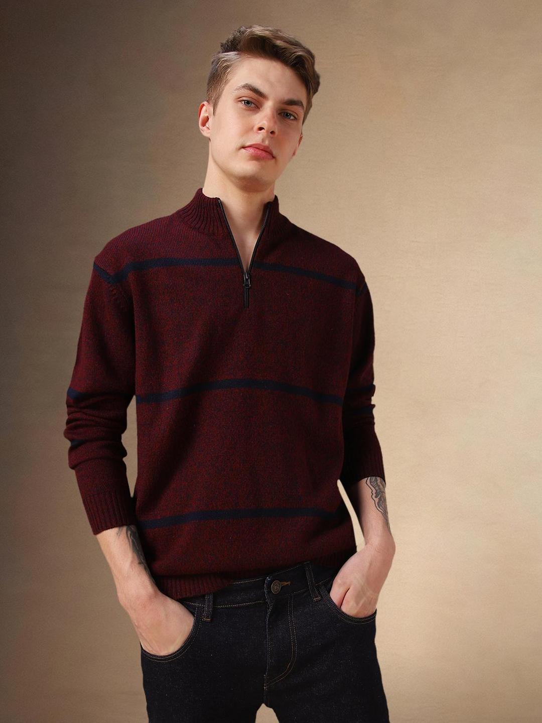 Men Maroon Acrylic Striped Regular Fit Sweater